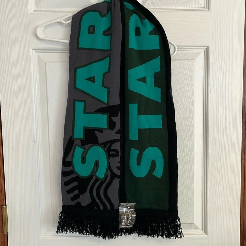 NWT Starbucks Gray, Green & Black Reversible Knit Fringed Scarf Mermaid Unisex